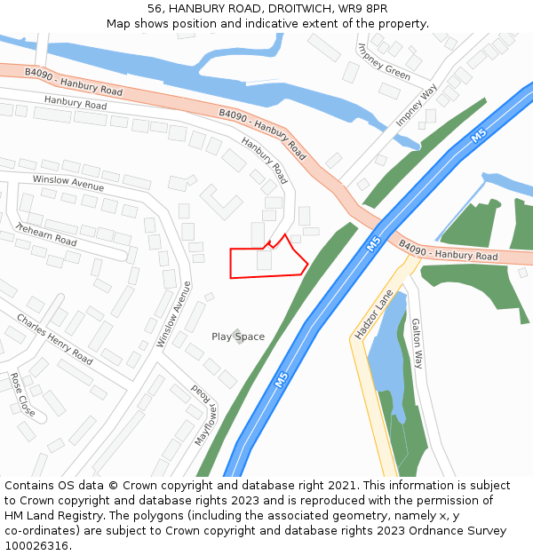 56, HANBURY ROAD, DROITWICH, WR9 8PR: Location map and indicative extent of plot