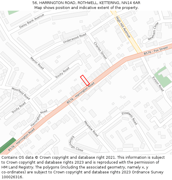 56, HARRINGTON ROAD, ROTHWELL, KETTERING, NN14 6AR: Location map and indicative extent of plot