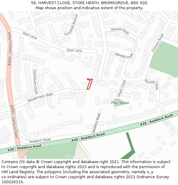 56, HARVEST CLOSE, STOKE HEATH, BROMSGROVE, B60 3QS: Location map and indicative extent of plot