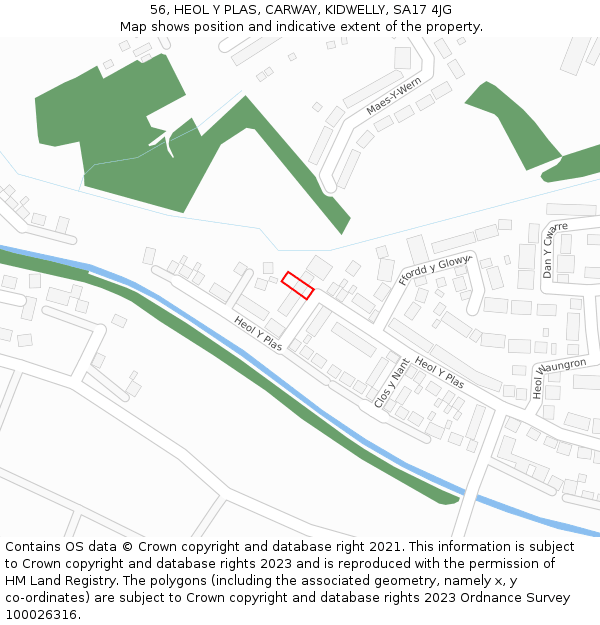 56, HEOL Y PLAS, CARWAY, KIDWELLY, SA17 4JG: Location map and indicative extent of plot