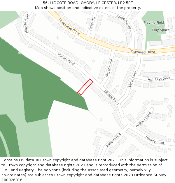 56, HIDCOTE ROAD, OADBY, LEICESTER, LE2 5PE: Location map and indicative extent of plot