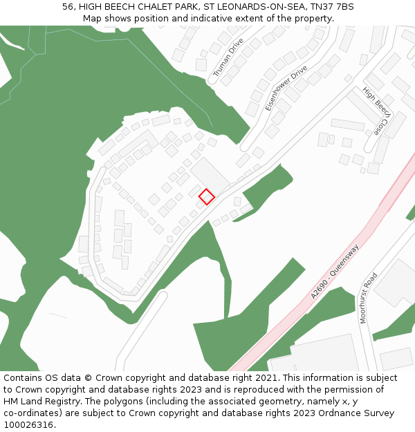 56, HIGH BEECH CHALET PARK, ST LEONARDS-ON-SEA, TN37 7BS: Location map and indicative extent of plot
