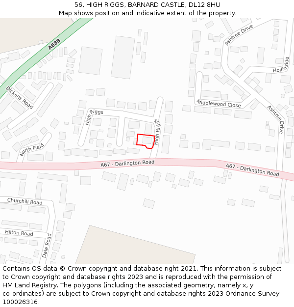 56, HIGH RIGGS, BARNARD CASTLE, DL12 8HU: Location map and indicative extent of plot