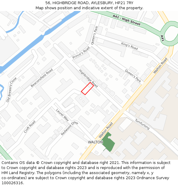 56, HIGHBRIDGE ROAD, AYLESBURY, HP21 7RY: Location map and indicative extent of plot