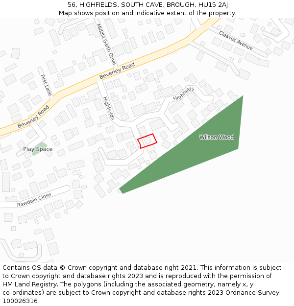 56, HIGHFIELDS, SOUTH CAVE, BROUGH, HU15 2AJ: Location map and indicative extent of plot