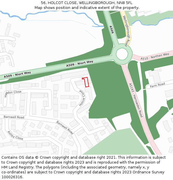56, HOLCOT CLOSE, WELLINGBOROUGH, NN8 5FL: Location map and indicative extent of plot