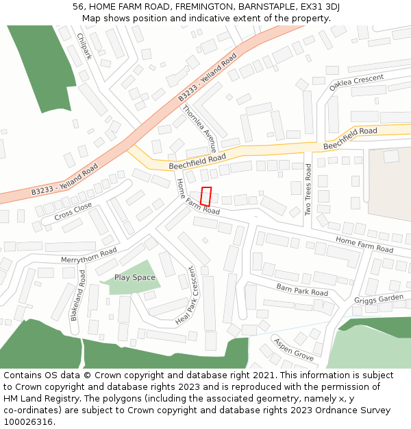 56, HOME FARM ROAD, FREMINGTON, BARNSTAPLE, EX31 3DJ: Location map and indicative extent of plot