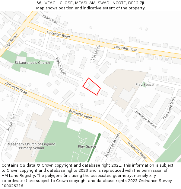 56, IVEAGH CLOSE, MEASHAM, SWADLINCOTE, DE12 7JL: Location map and indicative extent of plot