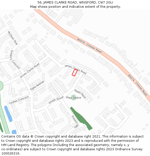 56, JAMES CLARKE ROAD, WINSFORD, CW7 2GU: Location map and indicative extent of plot