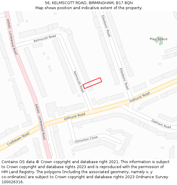 56, KELMSCOTT ROAD, BIRMINGHAM, B17 8QN: Location map and indicative extent of plot