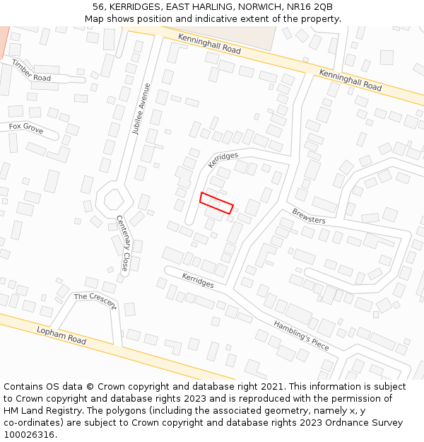 56, KERRIDGES, EAST HARLING, NORWICH, NR16 2QB: Location map and indicative extent of plot