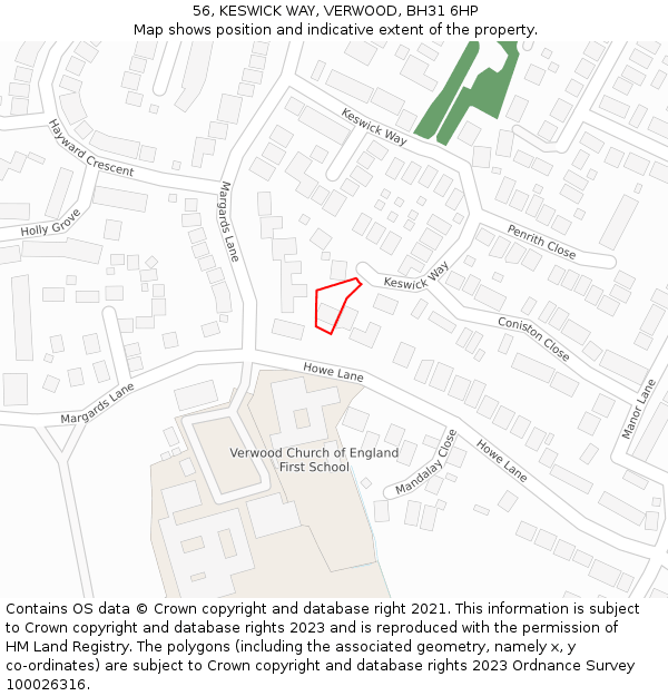 56, KESWICK WAY, VERWOOD, BH31 6HP: Location map and indicative extent of plot