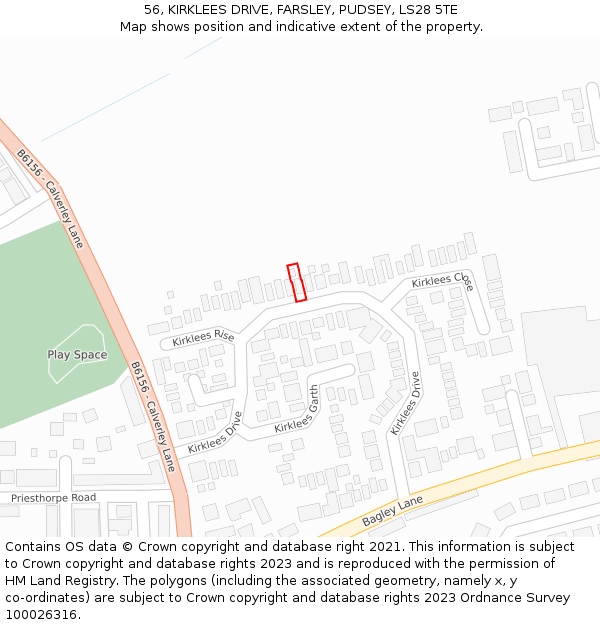 56, KIRKLEES DRIVE, FARSLEY, PUDSEY, LS28 5TE: Location map and indicative extent of plot