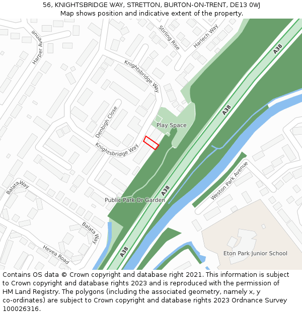 56, KNIGHTSBRIDGE WAY, STRETTON, BURTON-ON-TRENT, DE13 0WJ: Location map and indicative extent of plot