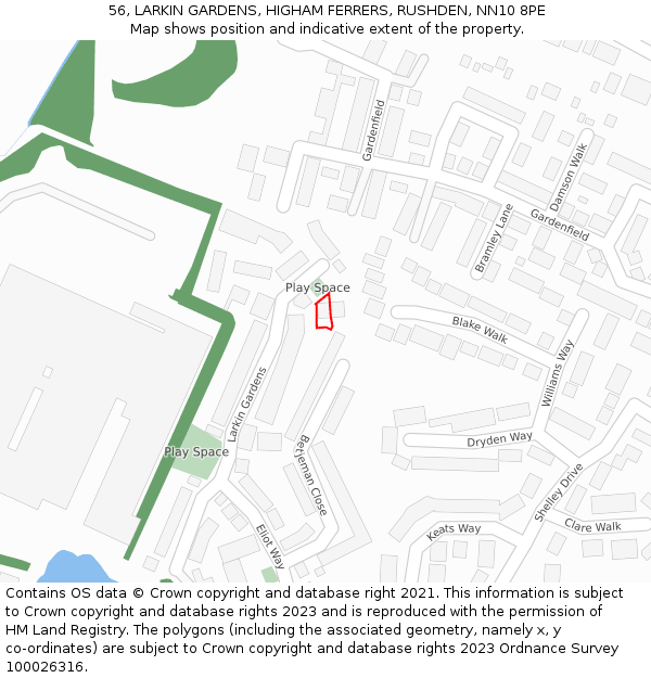 56, LARKIN GARDENS, HIGHAM FERRERS, RUSHDEN, NN10 8PE: Location map and indicative extent of plot