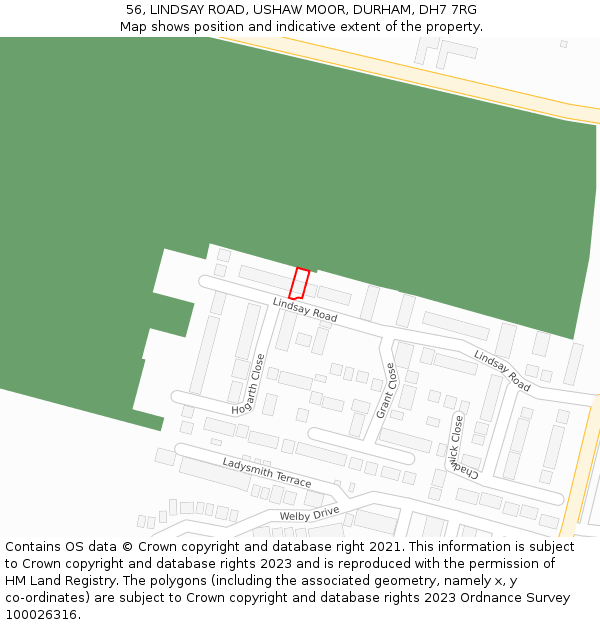 56, LINDSAY ROAD, USHAW MOOR, DURHAM, DH7 7RG: Location map and indicative extent of plot