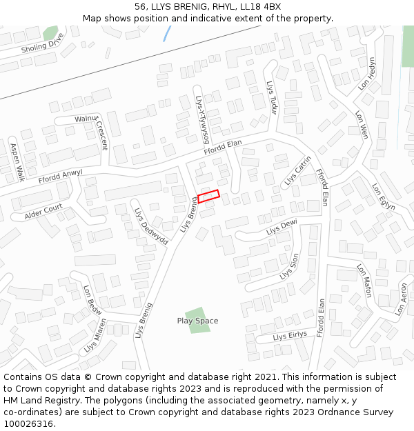 56, LLYS BRENIG, RHYL, LL18 4BX: Location map and indicative extent of plot