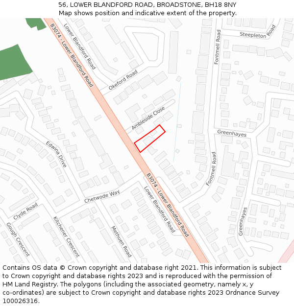 56, LOWER BLANDFORD ROAD, BROADSTONE, BH18 8NY: Location map and indicative extent of plot