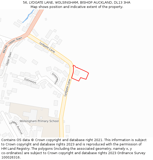 56, LYDGATE LANE, WOLSINGHAM, BISHOP AUCKLAND, DL13 3HA: Location map and indicative extent of plot