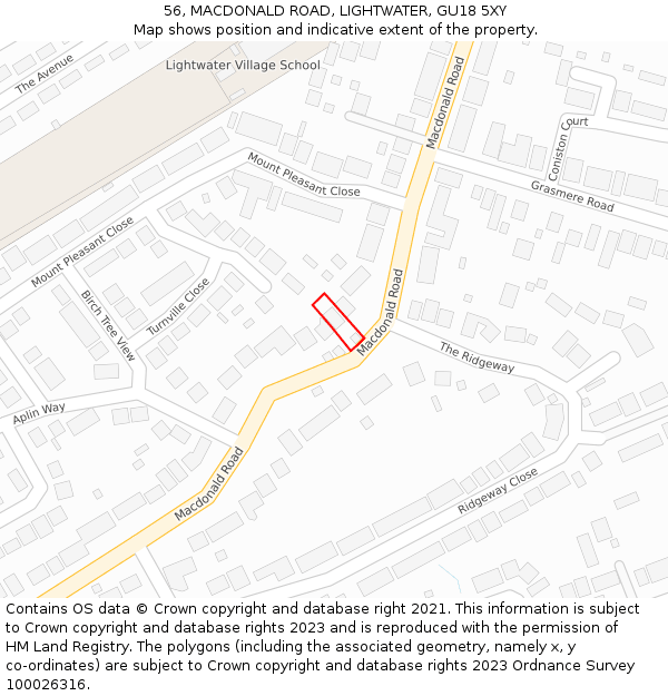 56, MACDONALD ROAD, LIGHTWATER, GU18 5XY: Location map and indicative extent of plot