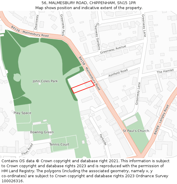 56, MALMESBURY ROAD, CHIPPENHAM, SN15 1PR: Location map and indicative extent of plot