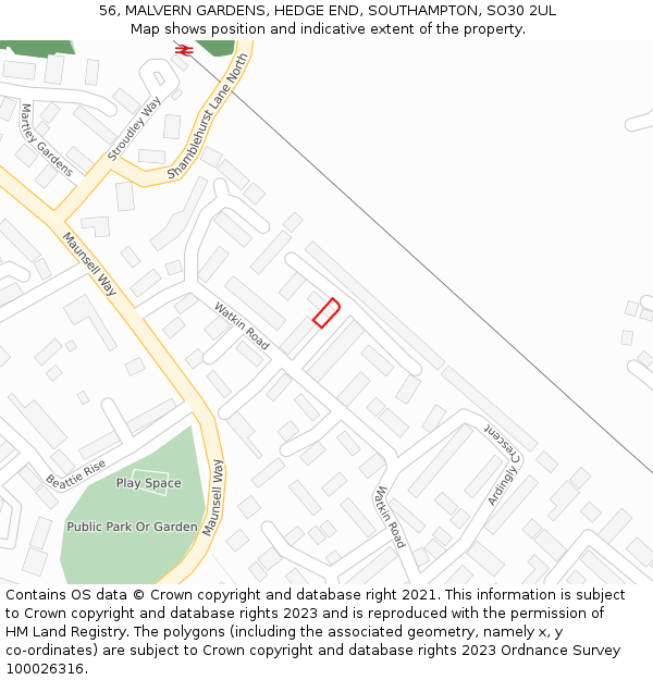 56, MALVERN GARDENS, HEDGE END, SOUTHAMPTON, SO30 2UL: Location map and indicative extent of plot