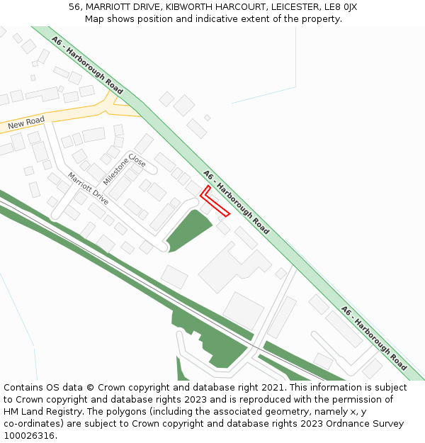 56, MARRIOTT DRIVE, KIBWORTH HARCOURT, LEICESTER, LE8 0JX: Location map and indicative extent of plot