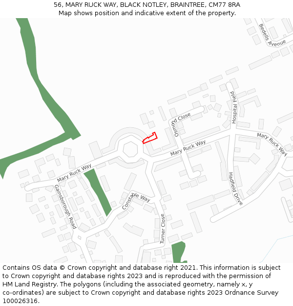 56, MARY RUCK WAY, BLACK NOTLEY, BRAINTREE, CM77 8RA: Location map and indicative extent of plot