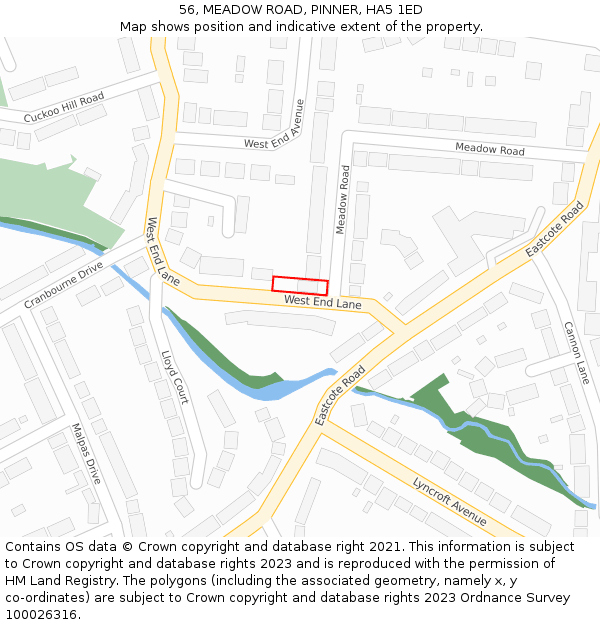 56, MEADOW ROAD, PINNER, HA5 1ED: Location map and indicative extent of plot