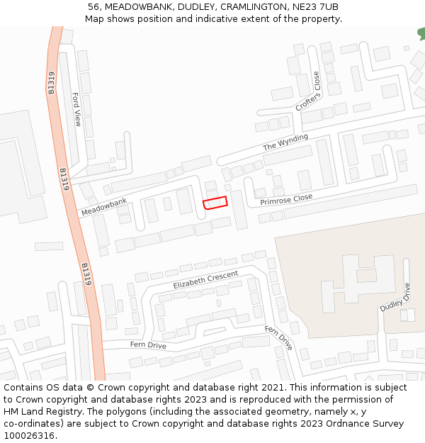 56, MEADOWBANK, DUDLEY, CRAMLINGTON, NE23 7UB: Location map and indicative extent of plot