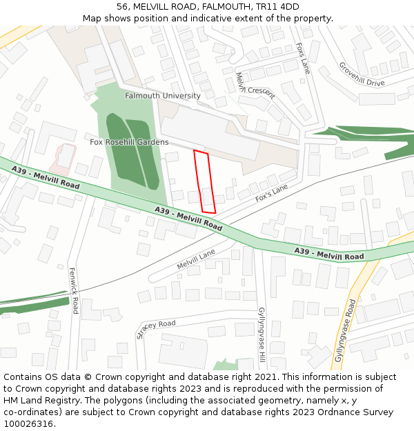 56, MELVILL ROAD, FALMOUTH, TR11 4DD: Location map and indicative extent of plot