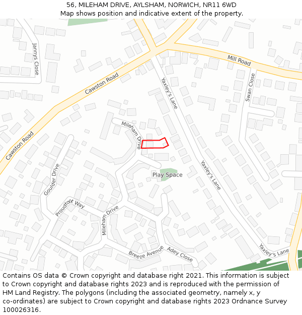 56, MILEHAM DRIVE, AYLSHAM, NORWICH, NR11 6WD: Location map and indicative extent of plot