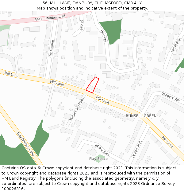 56, MILL LANE, DANBURY, CHELMSFORD, CM3 4HY: Location map and indicative extent of plot