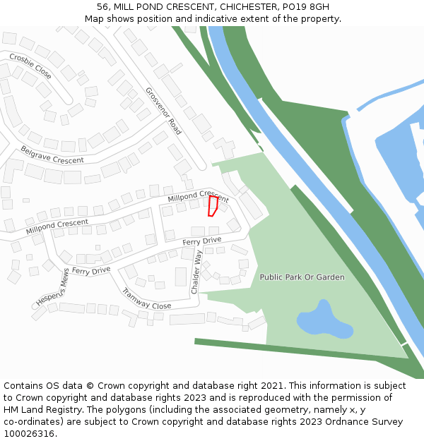 56, MILL POND CRESCENT, CHICHESTER, PO19 8GH: Location map and indicative extent of plot