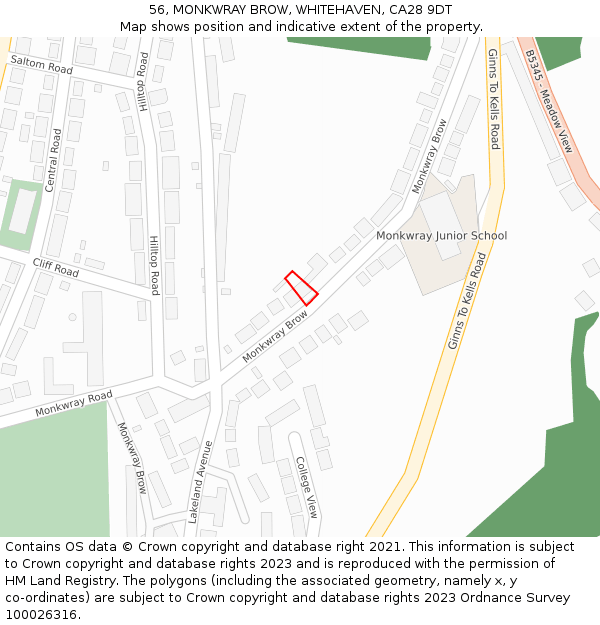 56, MONKWRAY BROW, WHITEHAVEN, CA28 9DT: Location map and indicative extent of plot