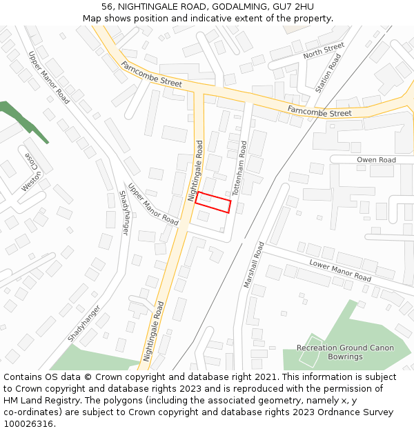 56, NIGHTINGALE ROAD, GODALMING, GU7 2HU: Location map and indicative extent of plot