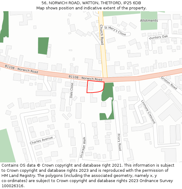 56, NORWICH ROAD, WATTON, THETFORD, IP25 6DB: Location map and indicative extent of plot