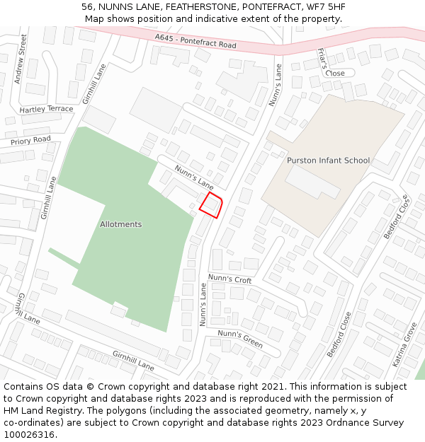 56, NUNNS LANE, FEATHERSTONE, PONTEFRACT, WF7 5HF: Location map and indicative extent of plot