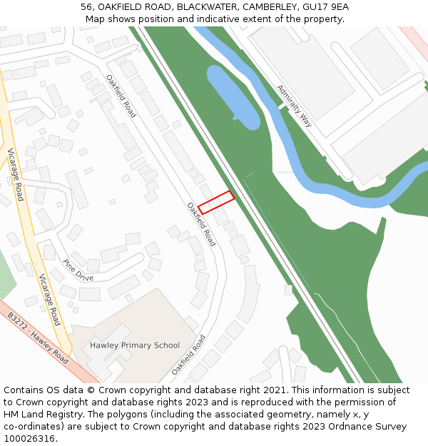 56, OAKFIELD ROAD, BLACKWATER, CAMBERLEY, GU17 9EA: Location map and indicative extent of plot
