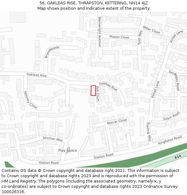 56, OAKLEAS RISE, THRAPSTON, KETTERING, NN14 4JZ: Location map and indicative extent of plot