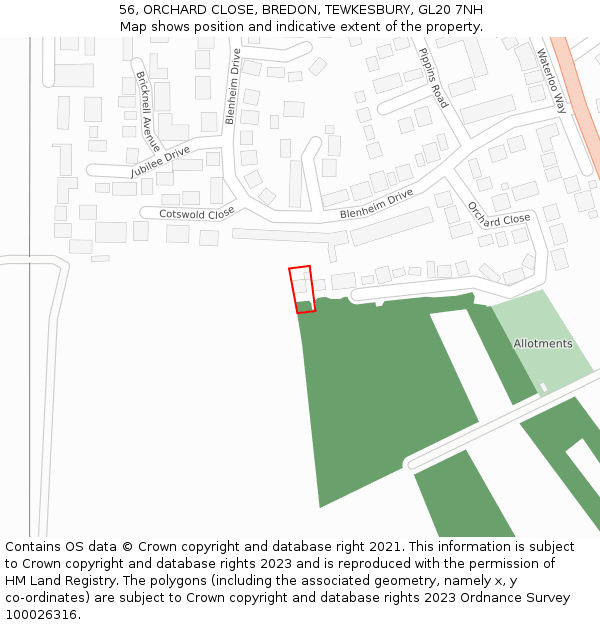 56, ORCHARD CLOSE, BREDON, TEWKESBURY, GL20 7NH: Location map and indicative extent of plot