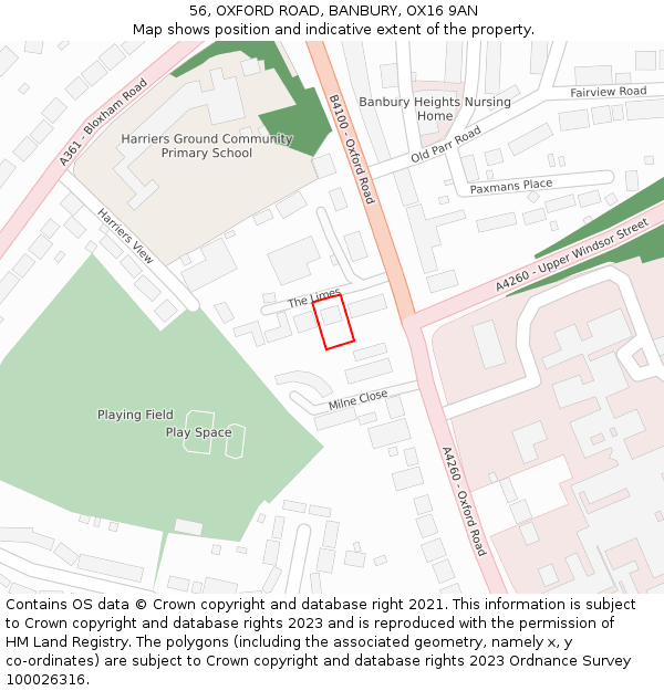 56, OXFORD ROAD, BANBURY, OX16 9AN: Location map and indicative extent of plot