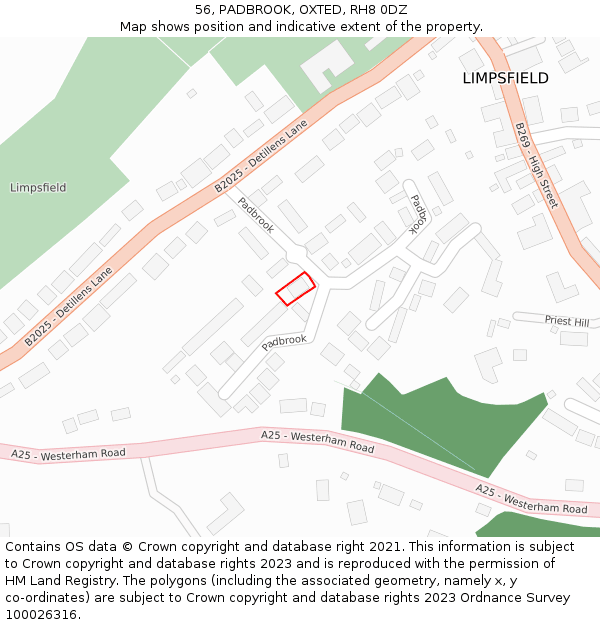 56, PADBROOK, OXTED, RH8 0DZ: Location map and indicative extent of plot