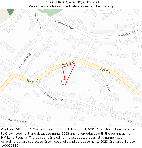 56, PARK ROAD, WOKING, GU22 7DB: Location map and indicative extent of plot