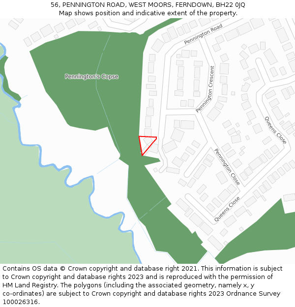 56, PENNINGTON ROAD, WEST MOORS, FERNDOWN, BH22 0JQ: Location map and indicative extent of plot