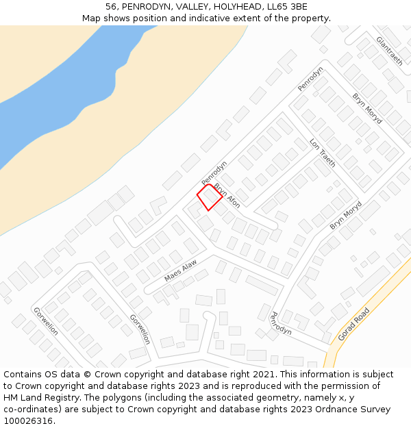 56, PENRODYN, VALLEY, HOLYHEAD, LL65 3BE: Location map and indicative extent of plot