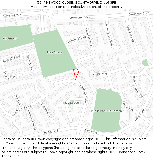 56, PINEWOOD CLOSE, SCUNTHORPE, DN16 3FB: Location map and indicative extent of plot