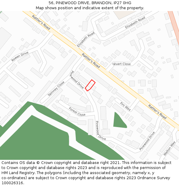 56, PINEWOOD DRIVE, BRANDON, IP27 0HG: Location map and indicative extent of plot