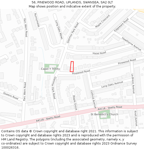 56, PINEWOOD ROAD, UPLANDS, SWANSEA, SA2 0LT: Location map and indicative extent of plot