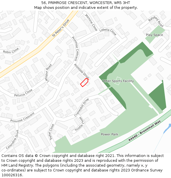 56, PRIMROSE CRESCENT, WORCESTER, WR5 3HT: Location map and indicative extent of plot